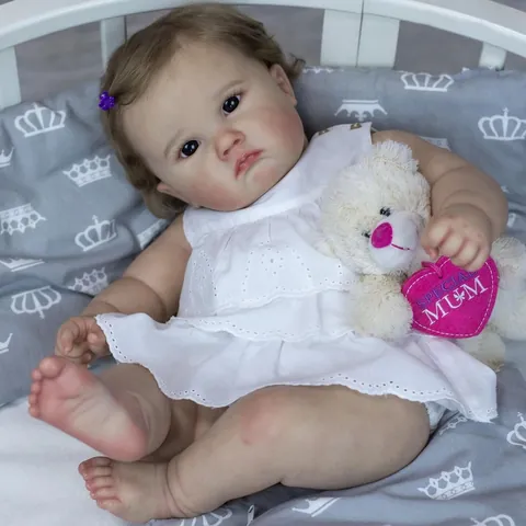 Realistic Reborn Baby Doll Charlotte Toddler Girl Soft Silicone Cloth Body Lifelike Doll With White Lace Dress Bear Toy Kids Gift
