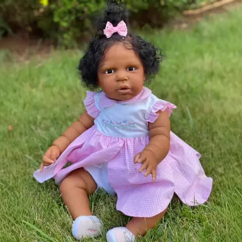 Realistic Reborn Baby Doll Soft Silicone Lifelike African American Girl Doll With Pink Plaid Dress Accessories For Kids Gift