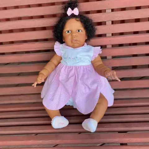 Realistic Reborn Baby Doll Soft Silicone Lifelike African American Girl Doll With Pink Plaid Dress Accessories For Kids Gift