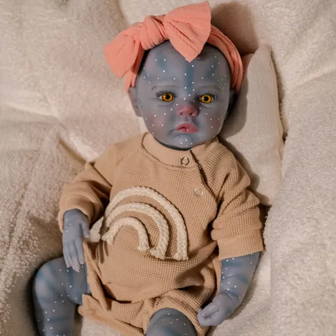 Full Body Silicone Realistic Fantasy Alien Reborn Baby Doll With Waffle Onesie Bow Headband Handmade Collectible Toy