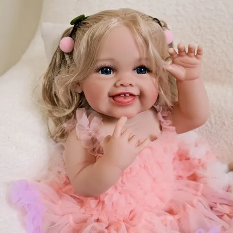 Muñeca Reborn Realista Cuerpo de Vinilo de Silicona Cabello Rubio Rizado Ojos Azules Vestido de Encaje Rosa Juguete