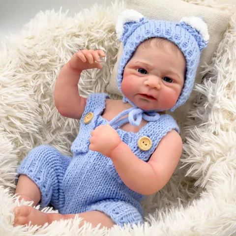 Bambola Reborn Realistica 49cm Silicone Vinile Corpo Intero Neonato Maschio Con Completo in Maglia Blu Cappello Pagliaccetto