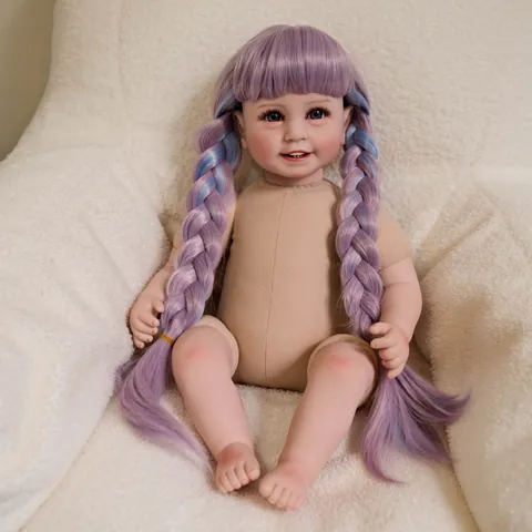 55cm Realistische Reborn-Puppe Lila Blaue Zöpfe Stoffkörper Vinyl Kopf Gliedmaßen Niedliches Simulationsspielzeug Nackte Puppe