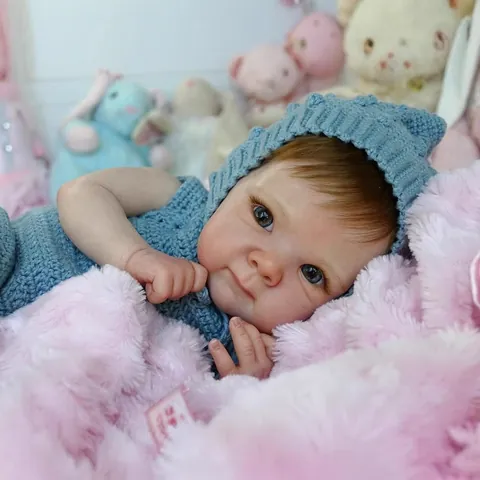 Realistic Reborn Baby Doll Bettie Lifelike Soft Silicone Vinyl Newborn Girl Doll With Blue Knit Outfit Plush Bear Toy