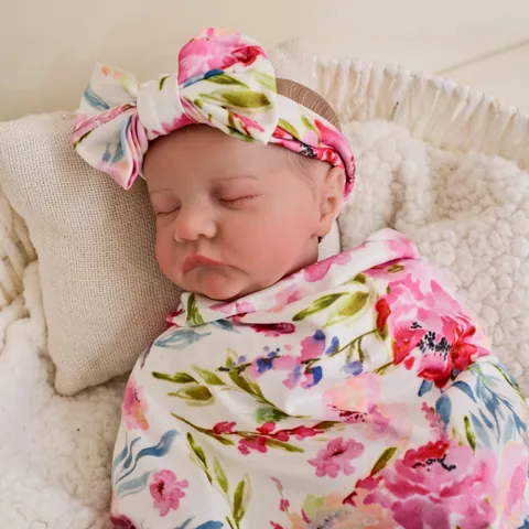 Realistic Reborn Baby Doll Full Silicone Body Sleeping Newborn Boy Doll With Floral Swaddle And Headband Handmade Toy