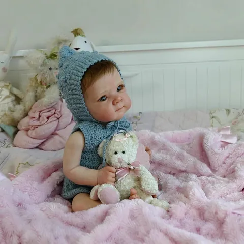 Realistic Reborn Baby Doll Bettie Lifelike Soft Silicone Vinyl Newborn Girl Doll With Blue Knit Outfit Plush Bear Toy