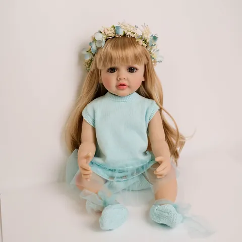 Lifelike Reborn Baby Doll Realistic Silicone Girl Betty With Blue Knit Dress Mesh Tutu Skirt Flower Headband Hand Painted