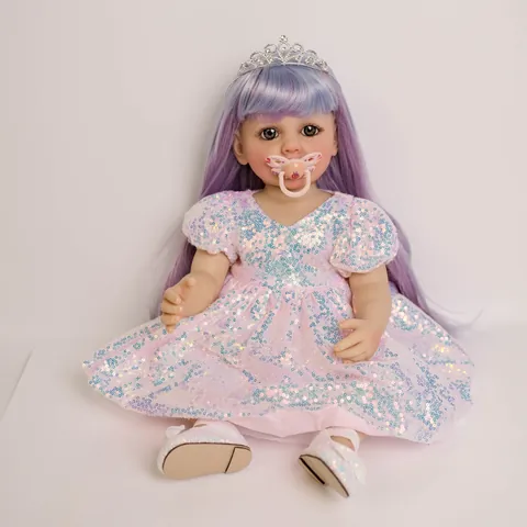 Cute Reborn Baby Doll Full Silicone Vinyl Body Purple Long Hair Pink Sequin Princess Dress With Crown Toy For Girls Gift