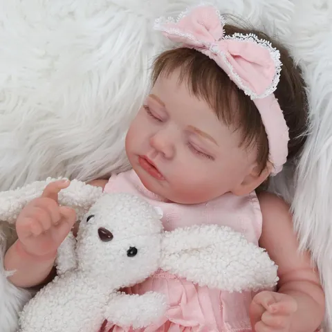 Realistic Sleeping Reborn Baby Doll Silicone Lifelike Newborn Girl Toy In Floral Lace Dress With Bow Headband For Kids Gift