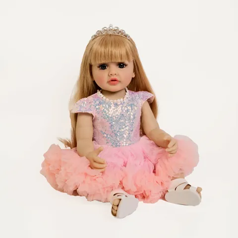 Muñeca Reborn Simulación Silicona Vinilo Cuerpo Lavable Niña Pelo Rubio Vestido Lentejuelas Rosa Corona Regalo
