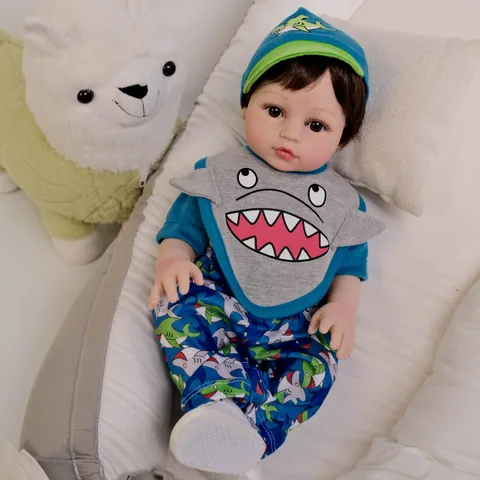 Realistic Reborn Baby Doll Silicone Full Body Washable In Shark Theme Clothing Hat Bib Pants Toddler Pretend Play Toy