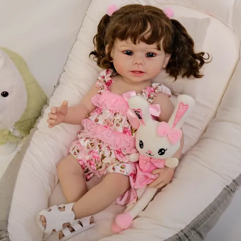 Realistic 55cm Reborn Baby Doll Full Silicone Vinyl Body Girl With Pink Floral Dress Bunny Plush Toy Kids Gift