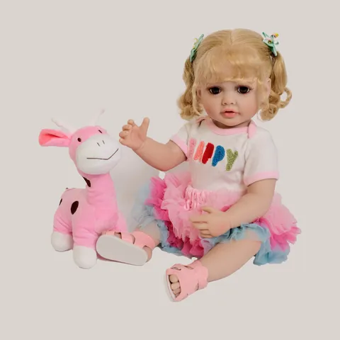 Realistic Reborn Baby Doll Betty Full Silicone Body Blonde Curly Hair Girl Doll With Happy T-Shirt Tutu Skirt And Giraffe Plush Toy