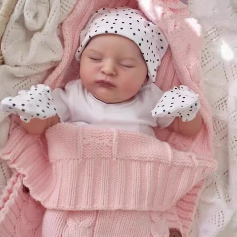 Realistic Reborn Doll Simulation Newborn Baby Sleeping Silicone Soft Body With Polka Dot Hat And Pink Sleeping Bag Gift For Kids