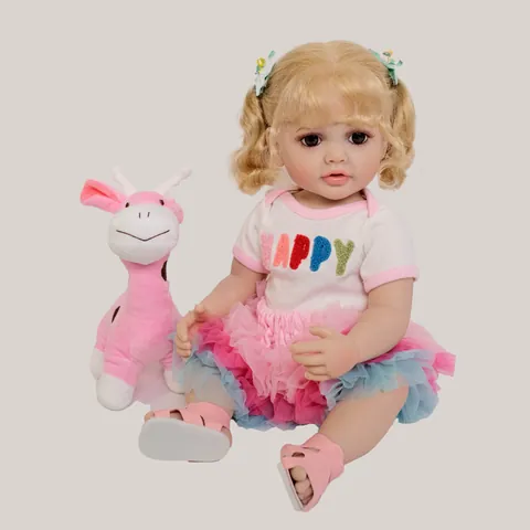 Realistic Reborn Baby Doll Betty Full Silicone Body Blonde Curly Hair Girl Doll With Happy T-Shirt Tutu Skirt And Giraffe Plush Toy