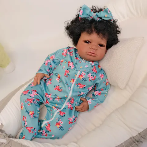Realistic Reborn Baby Doll Dark Skin African Girl Soft Silicone Cotton Body Floral Romper Outfit Hand Rooted Hair Toy