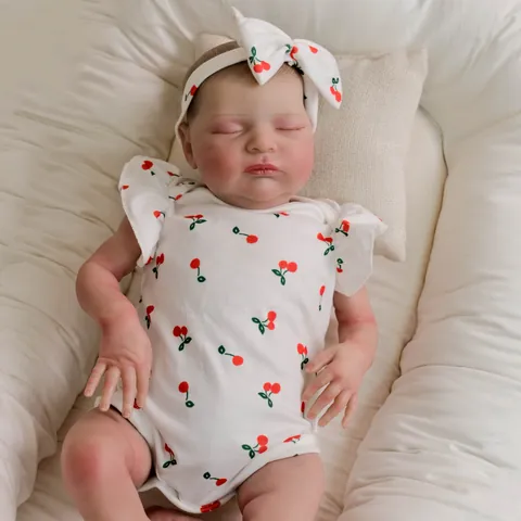 Realistic Reborn Baby Doll Sleeping Newborn With Cherry Romper Headband Vinyl Limbs Cloth Body Hand Painted Hair Kids Gift