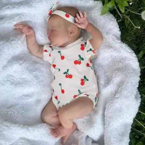 Realistic Reborn Baby Doll Sleeping Newborn With Cherry Romper Headband Vinyl Limbs Cloth Body Hand Painted Hair Kids Gift
