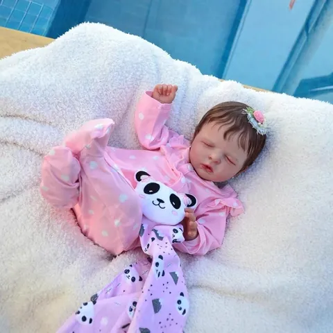 Realistic Reborn Baby Doll Vinyl Cloth Body Simulation Newborn Sleeping Girl In Pink Heart Romper With Panda Toy Gift