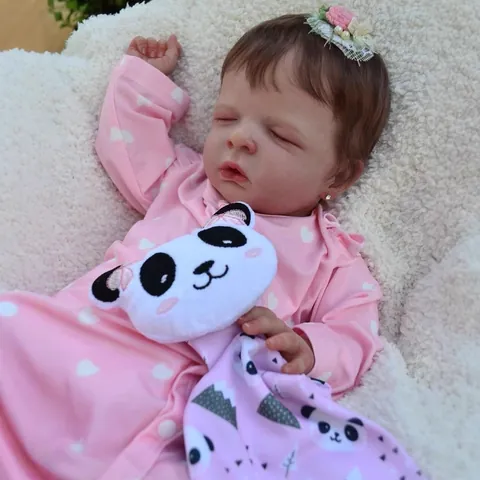 Realistic Reborn Baby Doll Vinyl Cloth Body Simulation Newborn Sleeping Girl In Pink Heart Romper With Panda Toy Gift