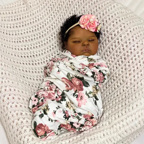 Lifelike Reborn Baby Doll Full Silicone Body Sleeping Newborn African American Hand Painted Doll Floral Swaddle Toy