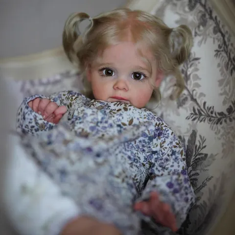 Realistic Reborn Baby Doll Toddler Girl Maggi With Blue Floral Dress Handmade 3D Painted Skin Soft Body Collection Toy Gift