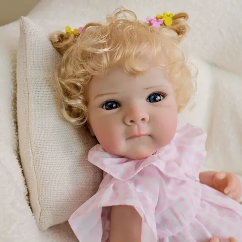 Reborn Baby Doll 18 Inch Realistic Vinyl Full Body Newborn Girl Doll With Pink Gingham Outfit Blonde Curly Hair Blue Eyes Gift