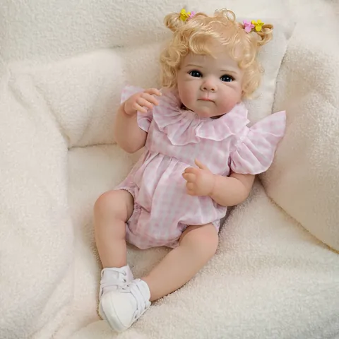 Reborn Baby Doll 18 Inch Realistic Vinyl Full Body Newborn Girl Doll With Pink Gingham Outfit Blonde Curly Hair Blue Eyes Gift