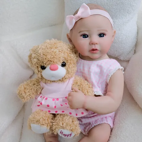 Bambola Reborn in Silicone Realistica Da 49cm Con Vestito a Quadretti Rosa Ciuccio Magnetico Biberon Giocattolo Bambola Simulazione Neonato
