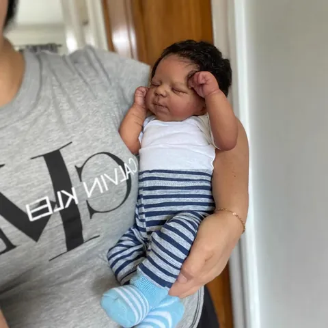Realistic Reborn Baby Doll Dark Skin Vinyl Cloth Body Lifelike Hand Rooted Hair Sleeping Newborn Doll With Plaid Pants