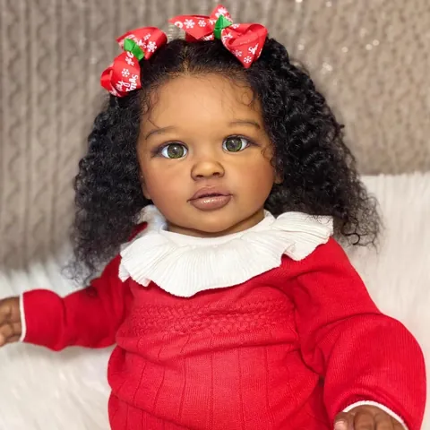 Realistic Reborn Baby Doll African American Deep Skin Tone Girl Doll Rooted Hair Christmas Outfit Soft Cloth Body Toy