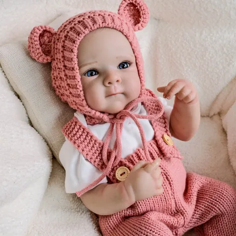 Realistic Silicone Reborn Baby Doll With Pink Knitted Suspenders Overalls Ear Hat And White T-Shirt Simulation Newborn Doll For Kids Toy Gift