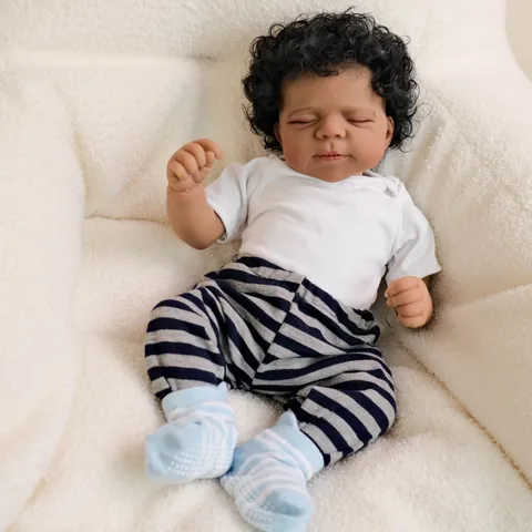 Realistic Reborn Baby Doll Dark Skin Vinyl Cloth Body Lifelike Hand Rooted Hair Sleeping Newborn Doll With Plaid Pants