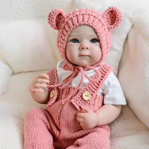 Realistic Silicone Reborn Baby Doll With Pink Knitted Suspenders Overalls Ear Hat And White T-Shirt Simulation Newborn Doll For Kids Toy Gift