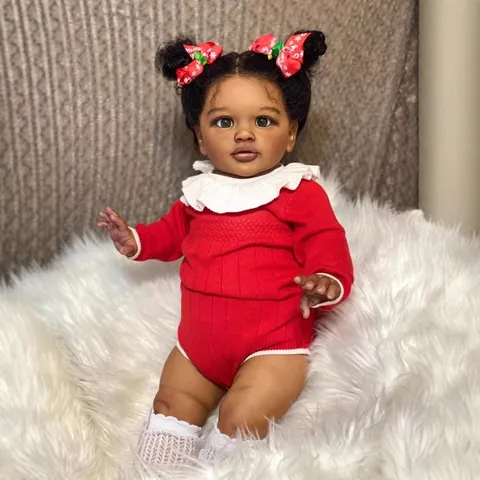 Realistic Reborn Baby Doll African American Deep Skin Tone Girl Doll Rooted Hair Christmas Outfit Soft Cloth Body Toy