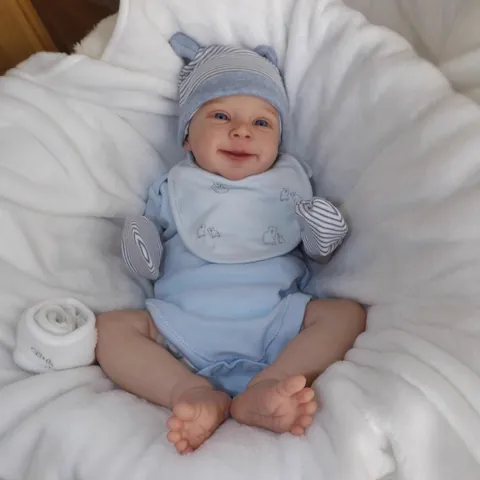 Lifelike Reborn Baby Doll Smiling Newborn Boy With Blue Clothes Hat Bib Set Handmade Painted Hair Vinyl Cloth Body Toy Gift