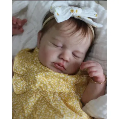 Realistic Reborn Baby Doll Sleeping Infant Toy Soft Vinyl Silicone Body Yellow Floral Ruffle Romper Outfit Hand Rooted Hair For Girls Gift