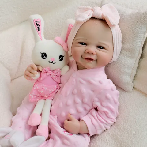 Realistische Reborn Puppe Vinyl Körper Lebensgroßes Neugeborenes Mädchen Mit Rosa Hasen Strampler Stirnband Stofftier Geschenk