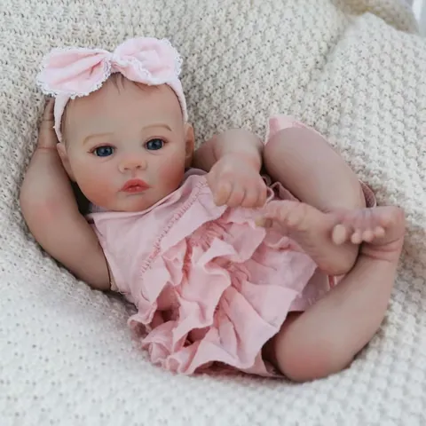 Realistic Reborn Baby Doll Lifelike Vinyl Silicone Newborn Girl Doll With Pink Ruffle Dress Bow Headband For Kids Gift