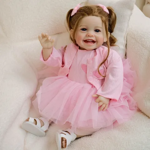 Realistic Reborn Baby Doll Smiling Girl Hand Rooted Hair Cloth Body Pink Knitted Cardigan Mesh Tutu Skirt Sandals For Kids