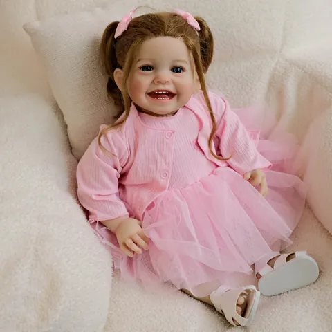 Realistic Reborn Baby Doll Smiling Girl Hand Rooted Hair Cloth Body Pink Knitted Cardigan Mesh Tutu Skirt Sandals For Kids