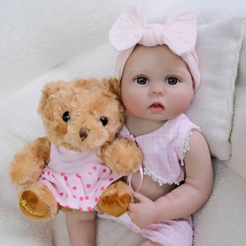 Realistic Reborn Baby Doll Full Silicone Body Washable Pink Plaid Outfit With Plush Toy Bear Cute Simulation Doll Gift