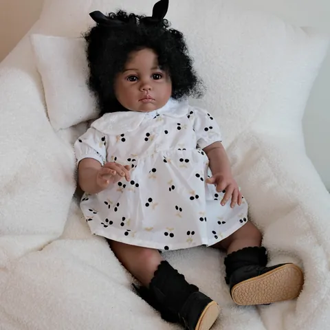 Realistic Large African American Reborn Baby Girl Doll Hand Rooted Hair Soft Cloth Body Vinyl Lifelike Doll With Cherry Print Dress