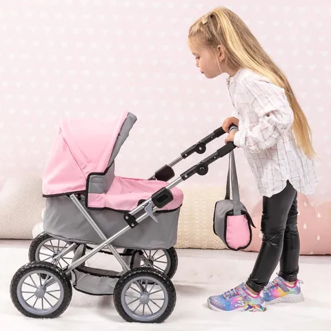 Rosa Grau Spielzeug-Puppenwagen Mit Verstellbarem Verdeck Aufbewahrungskorb Und Passender Schultertasche Für Mädchen Rollenspiel