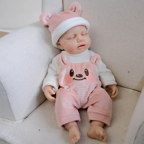 Simulation Reborn Baby Doll Soft Full Silicone Body Pink Bear Outfit Set 12 Inch Lifelike Sleeping Newborn Doll Gift For Kids