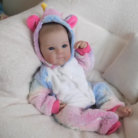 Realistic Silicone Reborn Baby Doll Large Pink Unicorn Theme Plush Onesie Star Pattern Blue Eyes Hand Painted Hair Toy Gift