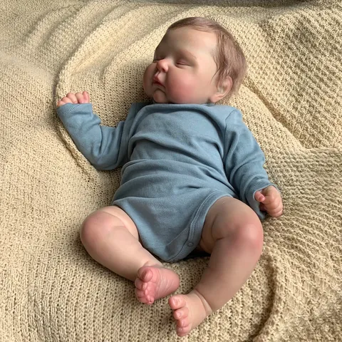 Realistic Reborn Baby Doll Full Silicone Vinyl Body 3D Painted Skin Sleeping Newborn Girl Doll With Blue Long Sleeve Romper