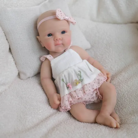 Lifelike Realistic Solid Silicone Reborn Baby Doll With Pink Polka Dot Dress Floral Embroidery Simulation Newborn Doll For Kids Christmas Gift