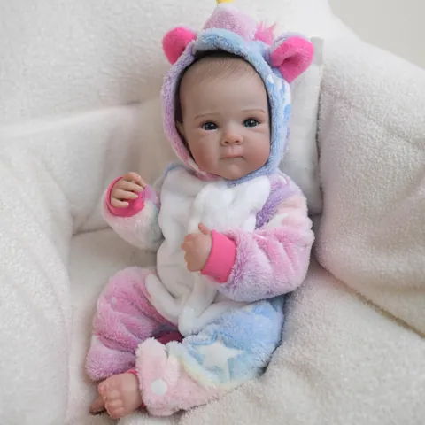 Realistic Silicone Reborn Baby Doll Large Pink Unicorn Theme Plush Onesie Star Pattern Blue Eyes Hand Painted Hair Toy Gift