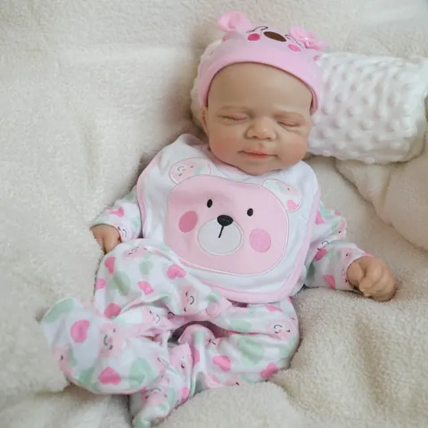 Lifelike Reborn Baby Doll Solid Silicone Full Body Sleeping Simulated Newborn Doll With Pink Bear Outfit Bib Hat Gift